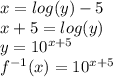 x = log(y)-5&#10;\\&#10;x+5 = log (y)&#10;\\&#10;y = 10^{x+5}  \\&#10;f^{-1}(x) = 10^{x+5}