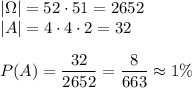 |\Omega|=52\cdot51=2652\\&#10;|A|=4\cdot4\cdot2=32\\\\&#10;P(A)=\dfrac{32}{2652}=\dfrac{8}{663}\approx1\%