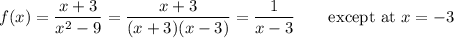 f(x)=\dfrac{x+3}{x^2-9}=\dfrac{x+3}{(x+3)(x-3)}=\dfrac{1}{x-3}\qquad\text{except at $x=-3$}