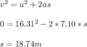 v^2 = u^2+2as\\ \\ 0 = 16.31^2 - 2*7.10*s\\ \\ s = 18.74 m