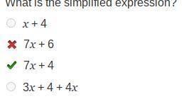 Consider this algebraic expression:     5 + 3x – 1 + 4x what is the simplified expression?