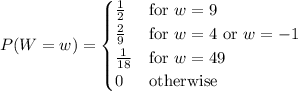 P(W=w)=\begin{cases}\frac12&\text{for }w=9\\\frac29&\text{for }w=4\text{ or }w=-1\\\frac1{18}&\text{for }w=49\\0&\text{otherwise}\end{cases}