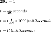 200t=1 \\ \\ t=\frac{1}{200}seconds\\ \\ t= (\frac{1}{200}*1000 )milliseconds\\ \\ t=( 5 )milliseconds