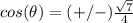 cos(\theta)=(+/-)\frac{\sqrt{7}}{4}