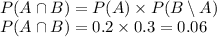 \\  &#10;P(A\cap B)=P(A)\times P(B\setminus A)\\  &#10;P(A\cap B)=0.2\times 0.3=0.06