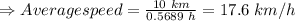 \Rightarrow Average speed=\frac{10\hspace{1mm}km}{0.5689\hspace{1mm}h}=17.6 \hspace{1mm}km/h