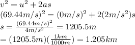 v^2=u^2+2as\\ (69.44m/s)^2=(0m/s)^2+2(2m/s^2)s\\ s=\frac{(69.44m/s)^2}{4 m/s^2} =1205.5 m\\ =(1205.5 m)(\frac{1 km}{1000 m} )=1.205 km