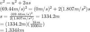 v^2=u^2+2as\\ (69.44m/s)^2=(0m/s)^2+2(1.807 m/s^2)s\\ s=\frac{(69.44 m/s)^2}{2(1.807m/s^2)} =1334.2 m\\ =(1334.2 m)(\frac{1km}{1000m} )\\ =1.334km