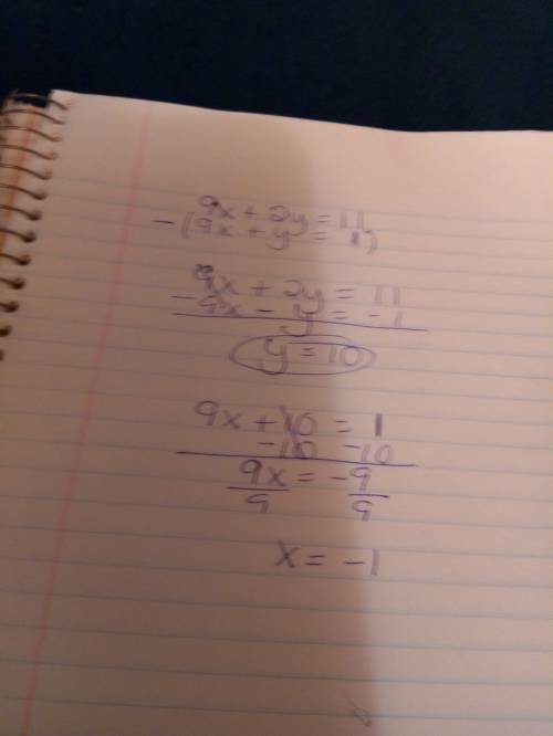 Solve the system of equations 9x + 2y = 11 and 9x + y = 1 by combining the equations