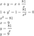 x+y=x+\dfrac{81}{x}\\1+y'=1-\dfrac{81}{x^2}=0\\x^2=81\\x=9\\y=\dfrac{81}{x}\\y=9
