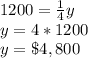 1200= \frac{1}{4}y\\ y=4*1200 \\y=\$4,800