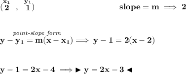 \bf (\stackrel{x_1}{2}~,~\stackrel{y_1}{1})~\hspace{10em}&#10;slope = m\implies 2&#10;\\\\\\&#10;\stackrel{\textit{point-slope form}}{y- y_1= m(x- x_1)}\implies y-1=2(x-2)&#10;\\\\\\&#10;y-1=2x-4\implies \blacktriangleright y=2x-3 \blacktriangleleft