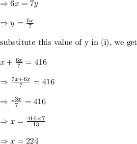 \Rightarrow 6x=7y\\&#10;\\&#10;\Rightarrow y=\frac{6x}{7}\\&#10;\\&#10;\text{substitute this value of y in (i), we get}\\&#10;\\&#10;x+\frac{6x}{7}=416\\&#10;\\&#10;\Rightarrow \frac{7x+6x}{7}=416\\&#10;\\&#10;\Rightarrow \frac{13x}{7}=416\\&#10;\\&#10;\Rightarrow x=\frac{416\times 7}{13}\\&#10;\\&#10;\Rightarrow x=224