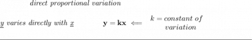 \bf \qquad \qquad \textit{direct proportional variation}\\\\\textit{\underline{y} varies directly with \underline{x}}\qquad \qquad  y=kx\impliedby \begin{array}{llll}k=constant\ of\\\qquad  variation\end{array}\\\\[-0.35em]\rule{34em}{0.25pt}