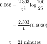 \begin{aligned}0.066 &= \dfrac{2.303}{\rm t^{\frac{1}{2}}}\rm log \dfrac{100}{25}\\\\&= \dfrac{2.303}{\rm t}(0.6020)\\\\\rm t &= 21 \rm \;minutes\end{aligned}