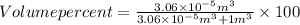 Volume percent = \frac{3.06\times 10^{-5} m^{3}}{3.06\times 10^{-5} m^{3}+ 1 m^{3}}\times 100