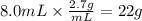 8.0 mL \times \frac{2.7g}{mL} = 22 g
