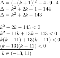 \Delta=(-(k+1))^2-4\cdot9\cdot4\\\Delta=k^2+2k+1-144\\\Delta=k^2+2k-143\\\\k^2+2k-143