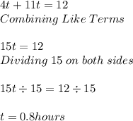 4t+11t=12 \\ Combining \; Like \; Terms \\\\ 15t=12 \\ Dividing \; 15 \; on \; both \; sides \\\\ 15t \div 15=12 \div 15 \\\\ t=0.8 hours