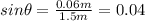 sin\theta =\frac{0.06 m}{1.5 m}  =0.04