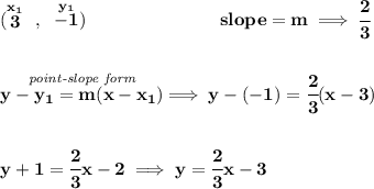 \bf (\stackrel{x_1}{3}~,~\stackrel{y_1}{-1})~\hspace{7em} slope =  m\implies \cfrac{2}{3} \\\\\\ \stackrel{\textit{point-slope form}}{y- y_1= m(x- x_1)}\implies y-(-1)=\cfrac{2}{3}(x-3) \\\\\\ y+1=\cfrac{2}{3}x-2\implies y=\cfrac{2}{3}x-3