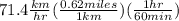 71.4\frac{km}{hr}(\frac{0.62miles}{1km})(\frac{1hr}{60min})