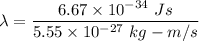 \lambda=\dfrac{6.67\times 10^{-34}\ Js}{5.55\times 10^{-27}\ kg-m/s}