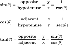 \bf sin(\theta)=\cfrac{opposite}{hypotenuse}&#10;=\cfrac{y}{r}&#10;=\cfrac{1}{csc(\theta)}&#10;\\ \quad \\\\&#10;% cosine&#10;cos(\theta)=\cfrac{adjacent}{hypotenuse}&#10;=\cfrac{x}{r}&#10;=\cfrac{1}{sec(\theta)}&#10;\\ \quad \\\\&#10;% tangent&#10;tan(\theta)=\cfrac{opposite}{adjacent}&#10;=\cfrac{y}{x}&#10;=\cfrac{sin(\theta)}{cos(\theta)}