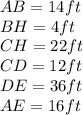 AB=14 ft\\BH=4 ft\\CH = 22 ft\\CD=12 ft\\DE = 36 ft\\AE=16 ft