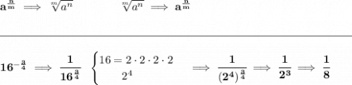 \bf a^{\frac{ n}{ m}} \implies  \sqrt[ m]{a^ n}  \qquad \qquad \sqrt[ m]{a^ n}\implies a^{\frac{ n}{ m}}\\\\ \rule{31em}{0.25pt} \\\\ 16^{-\frac{3}{4}}\implies \cfrac{1}{16^{\frac{3}{4}}}~~ \begin{cases} 16=2\cdot 2\cdot 2\cdot 2\\ \qquad 2^4 \end{cases}\implies \cfrac{1}{(2^4)^{\frac{3}{4}}}\implies \cfrac{1}{2^3}\implies \cfrac{1}{8}
