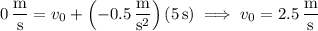 0\,\dfrac{\mathrm m}{\mathrm s}=v_0+\left(-0.5\,\dfrac{\mathrm m}{\mathrm s^2}\right)(5\,\mathrm s)\implies v_0=2.5\,\dfrac{\mathrm m}{\mathrm s}