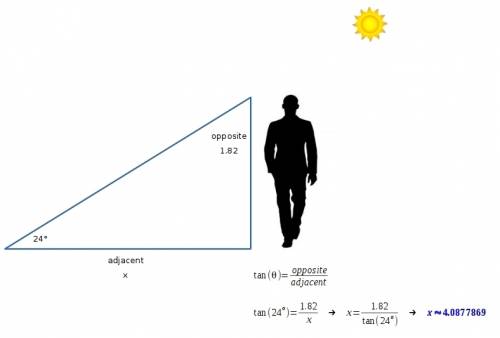 The angle of elevation to the sun is 24° what is the length of the shadow cast by a person 1.82 m ta