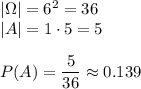|\Omega|=6^2=36\\ |A|=1\cdot5=5\\\\ P(A)=\dfrac{5}{36}\approx0.139