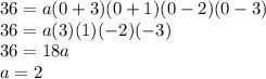 36 =  a(0 + 3)(0 + 1)(0 - 2)(0-3)&#10;\\&#10;36 = a(3)(1)(-2)(-3)&#10;\\&#10;36 = 18a&#10;\\&#10;a =2