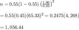 n=0.55(1-0.55)\left( \frac{1.96}{0.03} \right)^2 \\ \\ =0.55(0.45)(65.33)^2=0.2475(4,268) \\ \\ =1,056.44