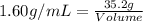 1.60g/mL=\frac{35.2g}{Volume}