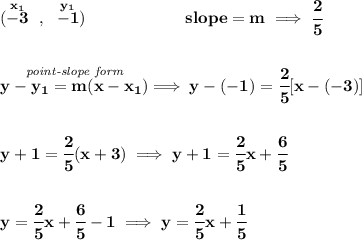 \bf (\stackrel{x_1}{-3}~,~\stackrel{y_1}{-1})\qquad \qquad \qquad  slope =  m\implies \cfrac{2}{5} \\\\\\ \stackrel{\textit{point-slope form}}{y- y_1= m(x- x_1)}\implies y-(-1)=\cfrac{2}{5}[x-(-3)] \\\\\\ y+1=\cfrac{2}{5}(x+3)\implies y+1=\cfrac{2}{5}x+\cfrac{6}{5} \\\\\\ y=\cfrac{2}{5}x+\cfrac{6}{5}-1\implies y=\cfrac{2}{5}x+\cfrac{1}{5}