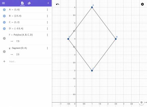 Find the perimeter of a quadrilateral with vertices at g (1, 6), h (2.5, 4), i (1, 2), k (-0.5, 4).