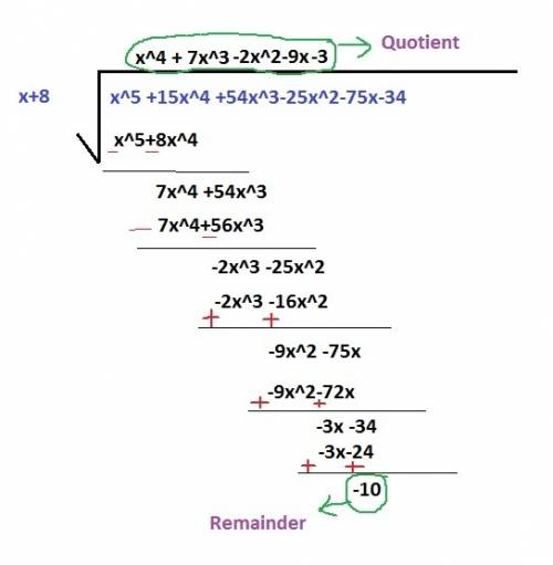 Divide x5+15x4+54x3−25x2−75x−34 by x+8.