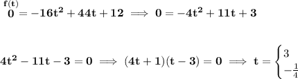 \bf \stackrel{f(t)}{0}=-16t^2+44t+12\implies 0=-4t^2+11t+3\\\\\\4t^2-11t-3=0\implies (4t+1)(t-3)=0\implies t=\begin{cases}3\\-\frac{1}{4}\end{cases}