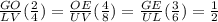 \frac{GO}{LV}(\frac{2}{4})=\frac{OE}{UV}(\frac{4}{8})=\frac{GE}{UL}(\frac{3}{6})=\frac{1}{2}