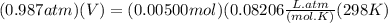 (0.987 atm)(V) = (0.00500 mol)(0.08206 \frac{L.atm}{(mol.K)}(298K)
