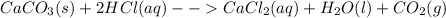 CaCO_{3}(s) +2 HCl (aq) -- CaCl_{2}(aq)+H_{2}O(l) + CO_{2}(g)
