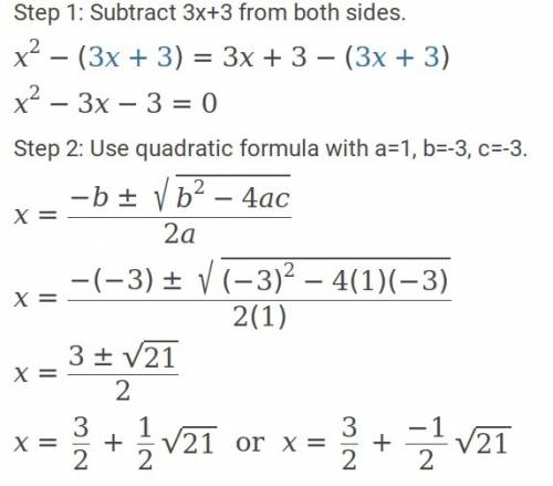 X^2=3x+3 solve using the quadratic formula
