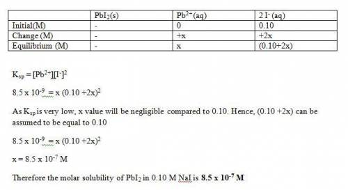 Calculate the molar solubility of pbi2 in the presence of 0.10 m nai.