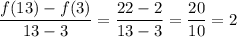 \dfrac{f(13)-f(3)}{13-3}=\dfrac{22-2}{13-3}=\dfrac{20}{10}=2