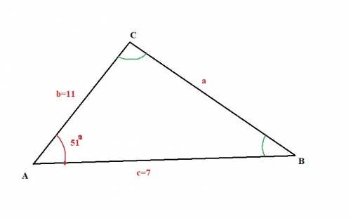 Solve the triangle. a = 51°, b = 11, c = 7 a ≈ 12.8, c ≈ 39.1, b ≈ 89.9 a ≈ 8.5, c ≈ 39.1, b ≈ 89.9