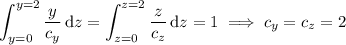 \displaystyle\int_{y=0}^{y=2}\frac y{c_y}\,\mathrm dz=\int_{z=0}^{z=2}\frac z{c_z}\,\mathrm dz=1\implies c_y=c_z=2