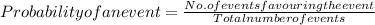 Probability of an event = \frac{No. of events favouring the event}{Total number of events}