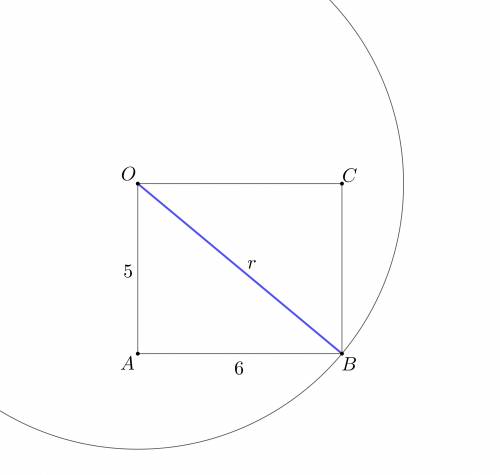 In figure 2, o is the center of the circle and b is a point on the circle. in rectangle oabc, if oa-